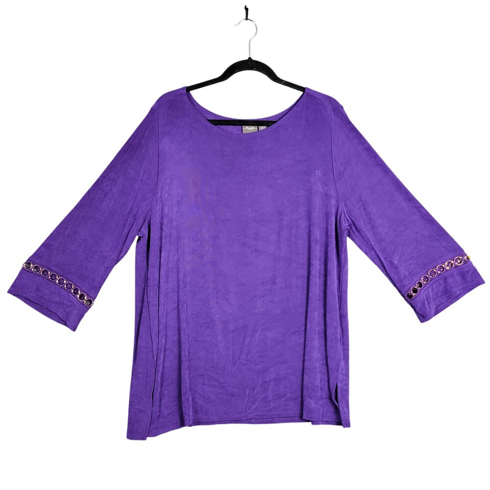 CHICOS TRAVELERS Purple Statement Sleeve Slinky Stretch Knit Top SIZE 3 US XL 16